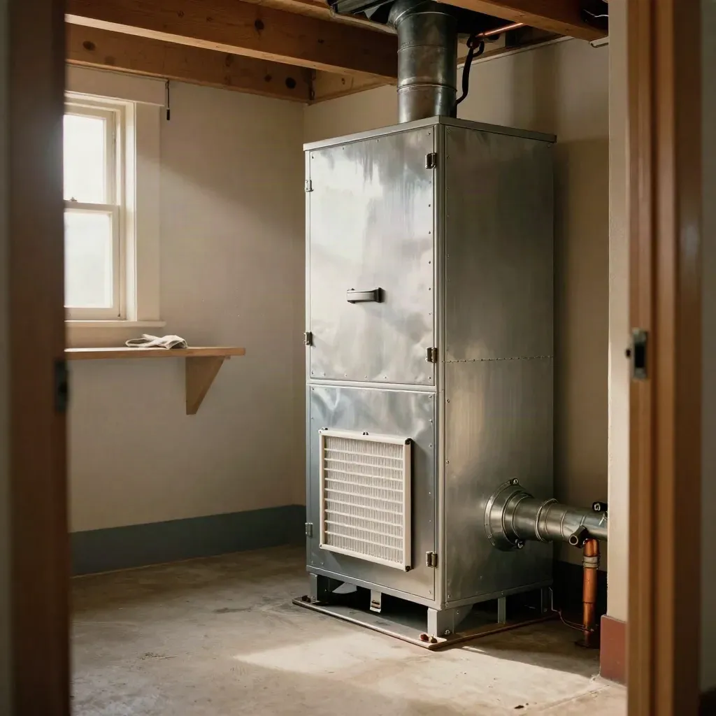 New furnace installation in a bright basement utility room with ductwork and copper lines.