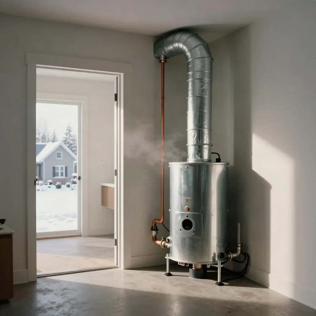 Finished furnace and ductwork in a modern utility room, lit by winter daylight.