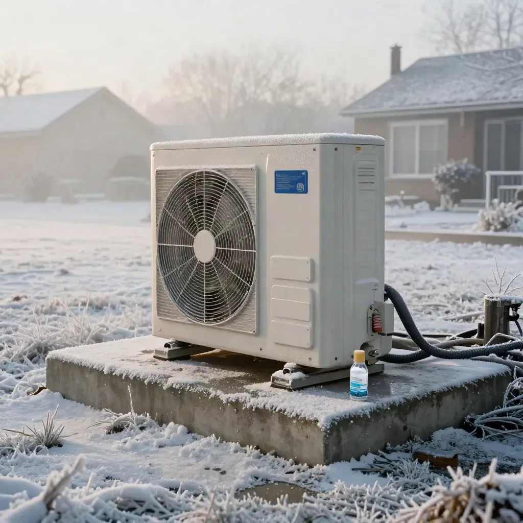 Heat pump on a snowy pad with mist, insulated lines, and cleaner bottle on a cold morning.