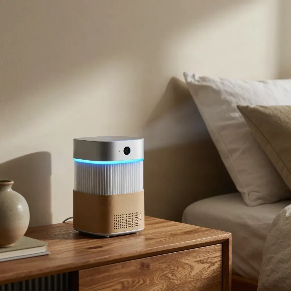 Air quality monitor, HEPA filter and grille in a quiet bedroom after testing.