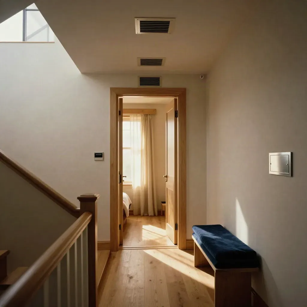 Upstairs hallway with open vents, glowing bedroom doorway and curtains moving in warm airflow.