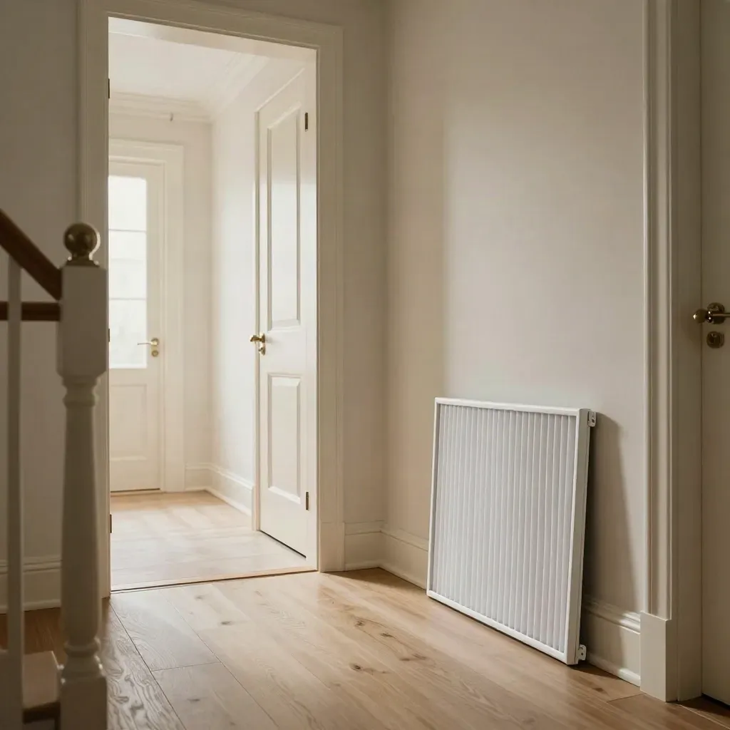 Quiet upstairs hall with a fresh return grille, closed doors, and bright clean trim.
