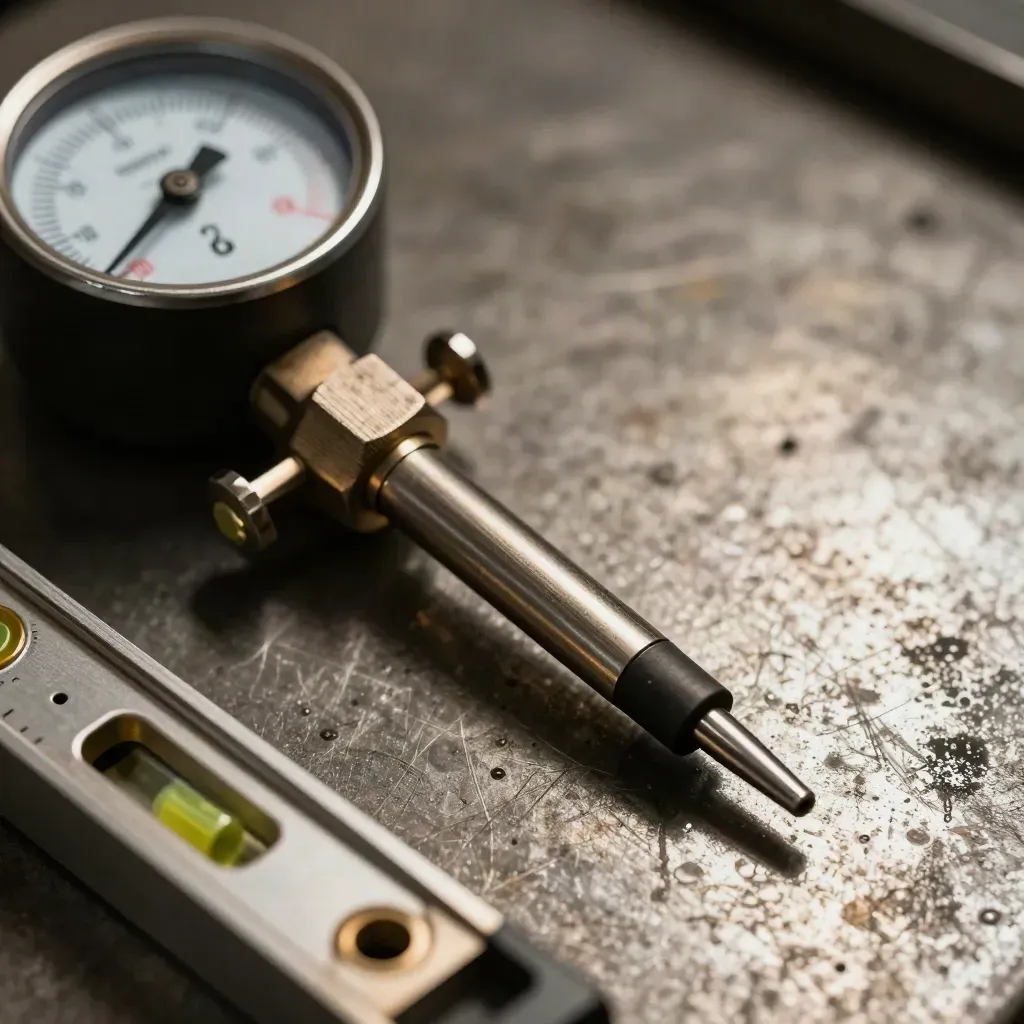 Macro of HVAC gauges, combustion probe and torpedo level on a worn steel workbench.