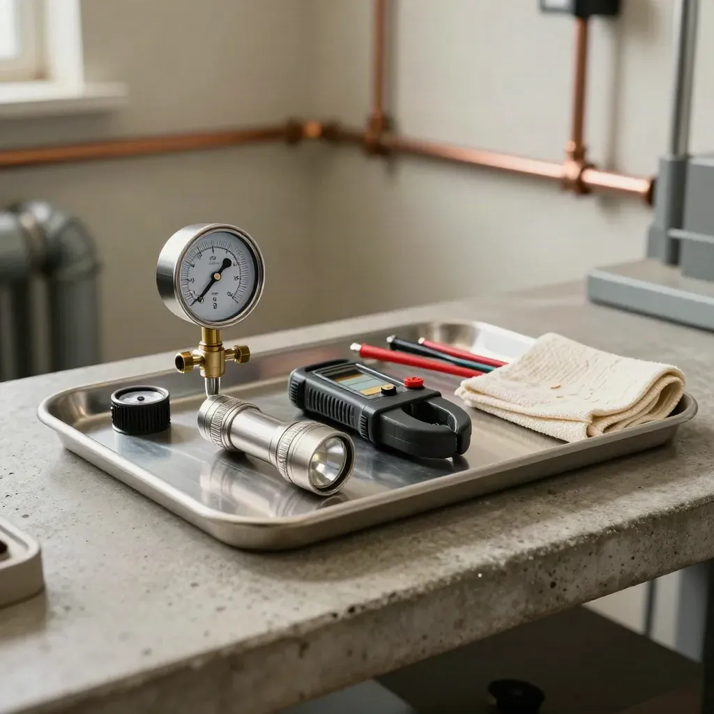 HVAC diagnostic tools and a flashlight arranged on a stone tray in soft workshop light.