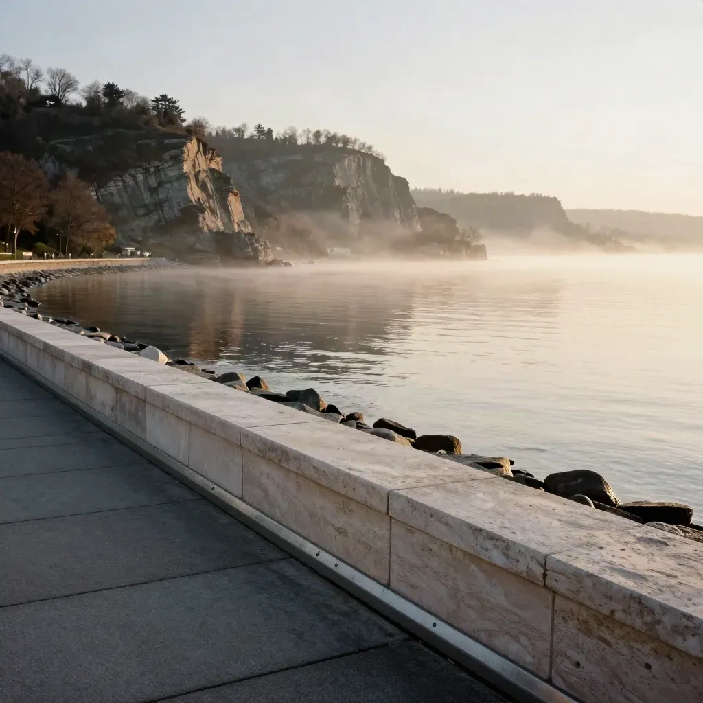 Misty Oakville harbourfront and Burlington escarpment beyond a quiet stone overlook at dusk